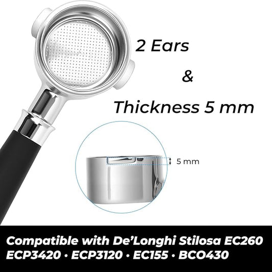51mm Bottomless Portafilter 2 Ears Fits for Delonghi ECP3420, EC155, BCO430, EC260, and ECP3120, Includes Puck Screen, Double Shot Filter Basket