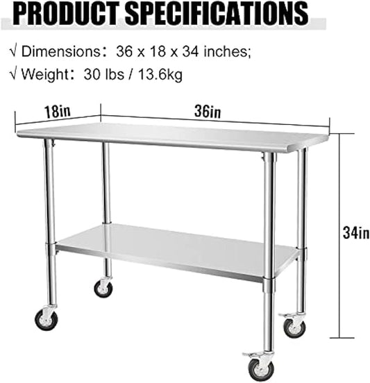 Stainless Steel Table - Metal Table Cart - Commercial Workbench with Caster Wheel - NSF Certified - for Restaurant, Warehouse, Home, Kitchen, Garage,36''x18''