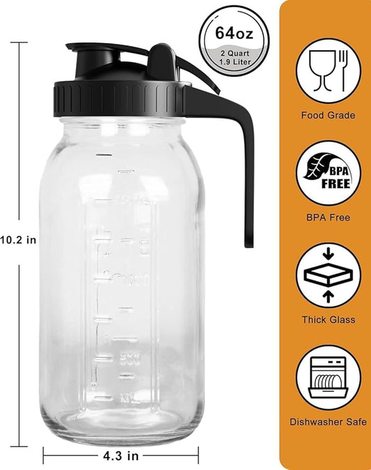 Mason Jar Pitcher Set of 2-64oz (2 Quart) Airtight & Leakproof Glass Pitcher with Lid, Perfect for Storing Breastmilk, Cold Brew, Sun Tea, with Easy-Pour Spout Lid