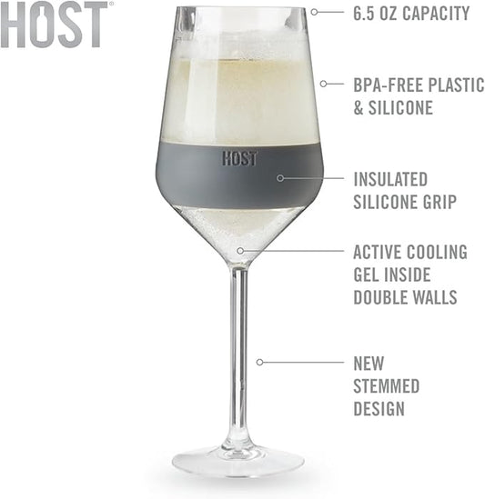 Host Wine Freeze Double-Walled Stemmed Wine Glasses Freezer Cooling Cups with Active Cooling Gel and Insulated Silicone Grip, 6.5 Oz Plastic Tumblers, Gray, Set of 2