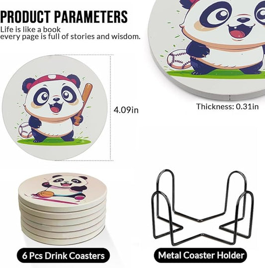 Ceramic Coasters Set of 6, Marble-Textured Design with Holder - Absorbent Cork-Backed Coasters for Cups, Bar & Coffee Table Decor Accessories (Panda, 6 Pack)