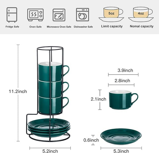 Meichu 4oz Porcelain Stackable Espresso Cups with Saucers and Metal Stand Set of 4, Stackable Espresso Cups Set of 4, Green Expresso Shots Cup Set for Coffee Drinks, Cappuccino Latte, Americano, Tea