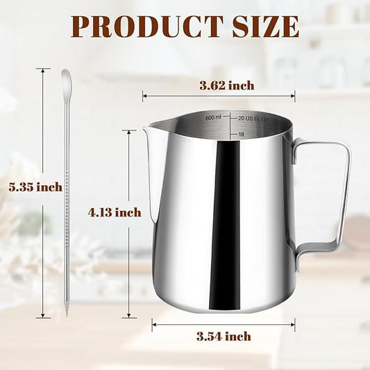 Milk Frothing Pitcher, 20oz Milk Frother Cup with Clear Scale, 304 Stainless Steel Cappuccino Espresso Machine Accessories for Barista Coffee Bar with Latte Art Pen, Silver