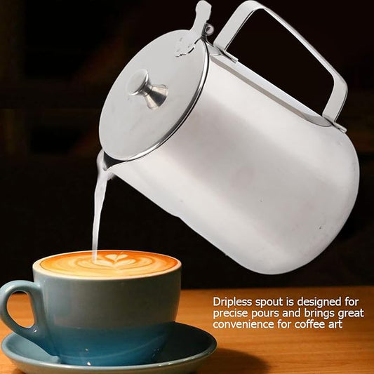 Stainless Steel Milk Frothing Pitcher, Stainless Steel Coffee Cup Mug Milk Frothing Pitcher Jug with Lid for Latte Coffee Art for Office Kitchen with handle(2000ml)