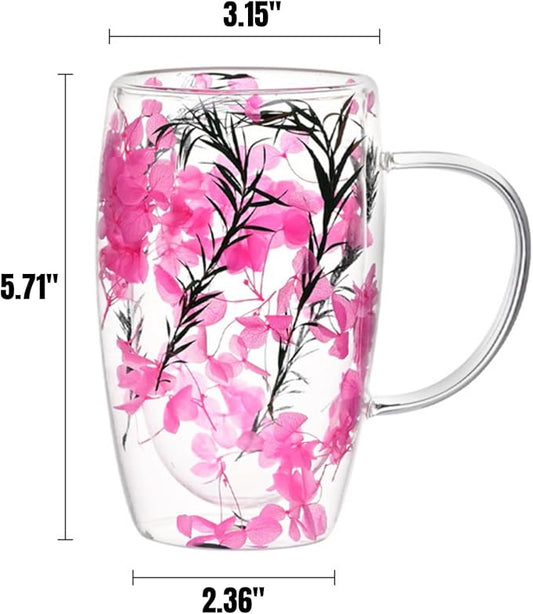 15.22oz, Double Wall Borosilicate Glass Coffee Mug with Heat-Resistant Handle, Insulated Flower Tea Cup, Multi-Color Options (yellow,15.22oz)