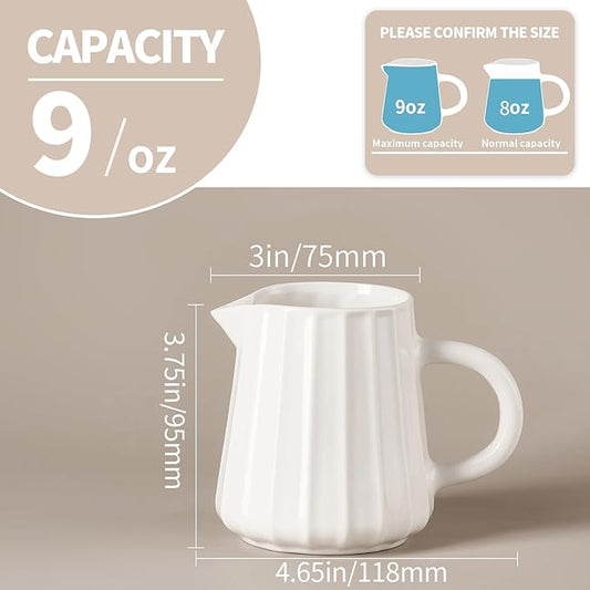 Gurygo 2 Pack 9 Oz Classic Ceramic White Creamer with Handle - Small Creamer Pitcher Set - Fine Porcelain Wave Shaped Small Milk Pitcher for Coffee Milk Sauces Salad, Microwave Safe