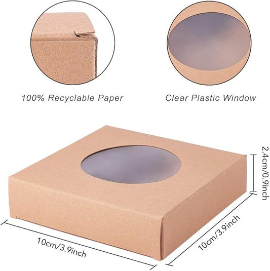 BENECREAT 24 Packs Brown Kraft Square Paper Boxes Gift Wrapping Box with Round Clear Window 4x4x0.9 for Party Favor Treats, Jewelry, Gift Packaging
