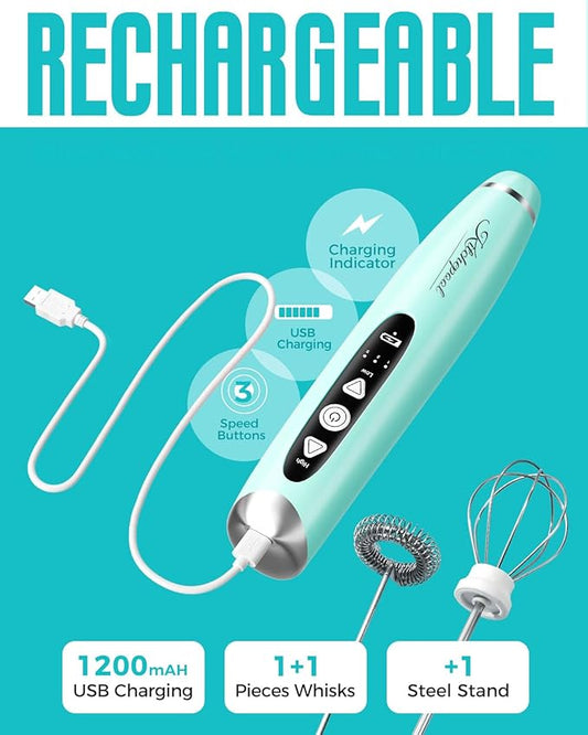 Rechargeable Milk Frother Wand with Stand for Coffee, Electric Whisk with 3 Speed Adjustable, Drink Mixer Handheld for Lattes, Cappuccino, Hot Chocolate, Egg, Light Green