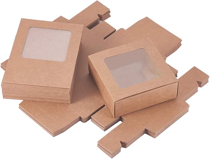 BENECREAT 20 Packs 3.5x3.5x1.2 Square Kraft Paper Gift Boxes Drawer Box with PVC Window Lid for Birthday Party Favor Treats Bakery and Candy
