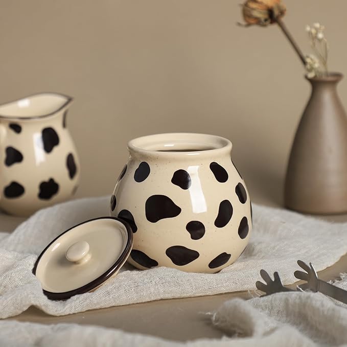 CHOOLD Retro Cow Pattern Creamer and Sugar Bowl Set, Cream Pitcher, Sugar Bowl with Lid, Coffee Serving Set