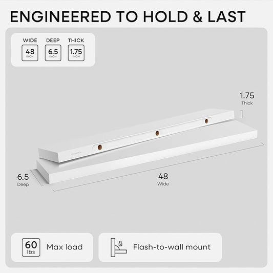 Homeforia White Floating Shelf 48 inches, High End Solid Real Wood 48inch Long Floating Shelves for Wall Mounted, White Wooden 48in Floating Shelves, Heavy Duty Bracket, 48 X 6.5 X 1.75 inch, Set of 2