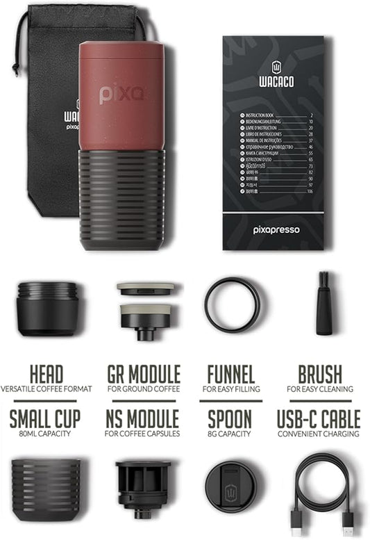 WACACO Coffee Machine Electric & Portable, With 4 Coffee Types & Fast Heat-Up, 3 * 3000mAh Battery, 20 Bar Portable Espresso Maker For Ground Coffee & NS Capsule (Tuscan Red)