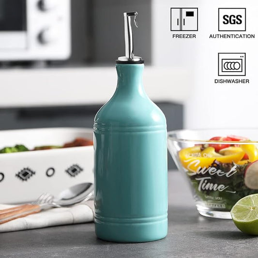 Sweejar Ceramic Olive Oil Dispenser Bottle, Opaque Oil Cruet Protects to Reduce Oxidation, Suitable for Storage Vinegar, Coffee Syrups & Other Liquids, Pack of 1, 15.5 Fl Oz(Turquoise)