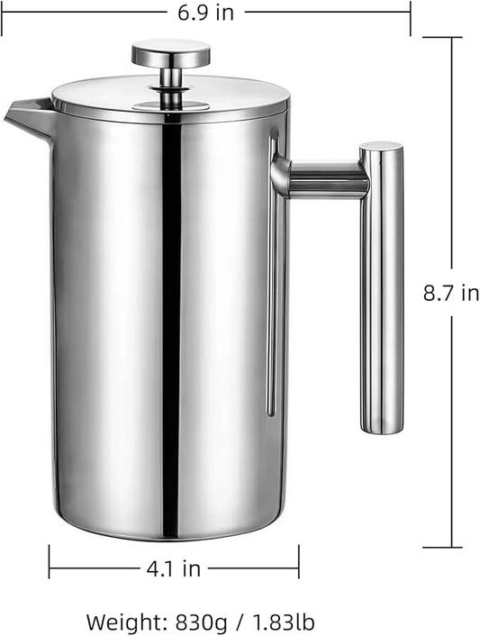 34oz Stainless Steel French Press Coffee Maker, Double Wall Insulated Thermal Coffee Press for Camping & Home, Plastic-Free with No Drip Spout & Multi-Layer Filter, 1 Liter