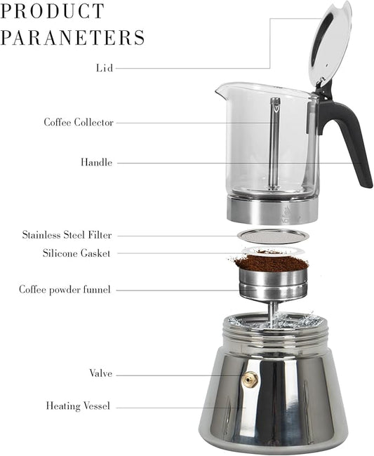 LAOION 9-Cup Moka Pot - Crystal Glass Top, Stainless Steel, Induction Compatible, 360ml