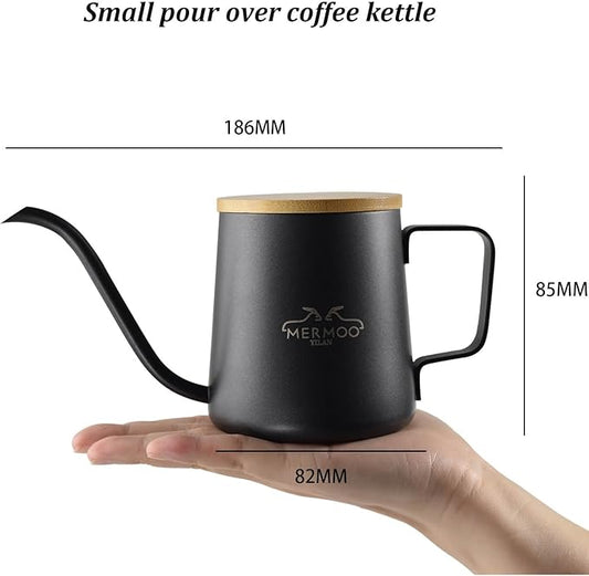 MERMOO YILAN Pour Over Coffee Kettle 12oz, Gooseneck, Wooden Lid, Precision Pouring,Single Serving, Sturdy Thicken 304 Stainless Steel, Dishwasher Safe, for Home, Camping, Travel, Office(black)