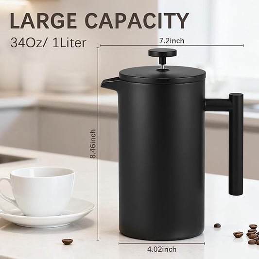 CAOANTRY French Press Coffee Maker, 304 Grade Stainless Steel French Press with 2 Extra Filters for Home, Office, Travel, Camping - 34OZ/2 Litre (Black)