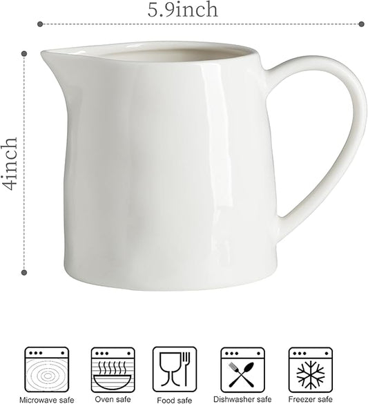 Ceramics Creamer Pitcher - 16 OZ Porcelain Coffee Creamer Pitcher with Handle, Funny Milk Pourer for Home Kitchen Coffee Bar, White