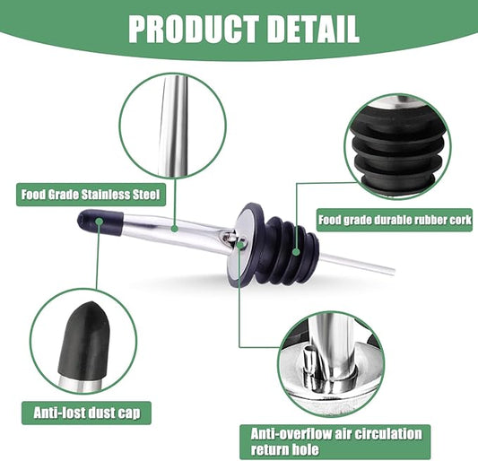 WAFJAMF 6 Pcs Liquor Pour Spouts Set, Stainless Steel Liquor Bottle Pourers with Rubber Dust Caps, for Pours Liquid, Olive Oil, Wine, Vinegar (Silver)