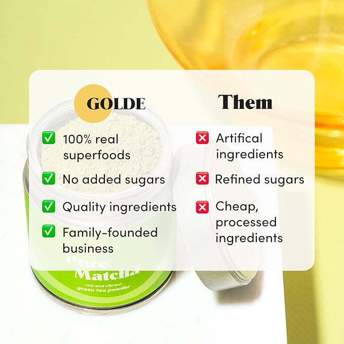 GOLDE - Pure Matcha - Ceremonial Grade Matcha Powder - Organic Green Tea Superfood w/L-Theanine - Rich in Antioxidants - Vegan - Gluten Free - 60mg Caffeine - Jitter Free Energy - 30g Tin