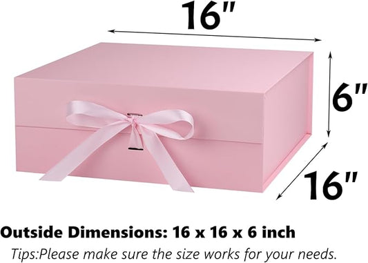 OEMVALATY Pink Gift Box,16x16x6 Inches Gift Boxes with Lids for Presents with Magnetic Closure and Ribbon for Wedding,Storage,Birthday(3-Pack)