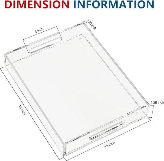 Acrylic Serving Tray with Handles-16x12x2.36Inch-Decorative Tray Letter Tray Organizer for Ottoman Coffee Table Countertop, Clear