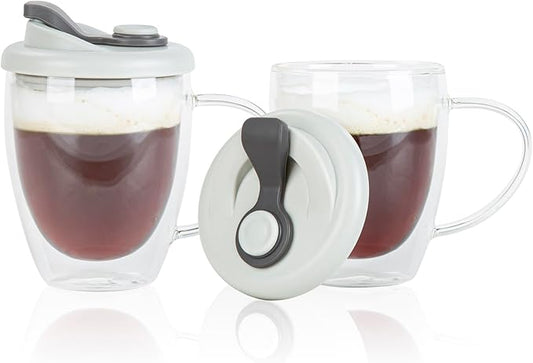 Restaurantware - Forma Professional 11.8 Ounce Insulated Travel Mug With Handle, 1 Double Wall Coffee Mug - Includes Lid, Reusable, Clear Borosilicate Glass Tumbler, Dishwashable, Microwavable
