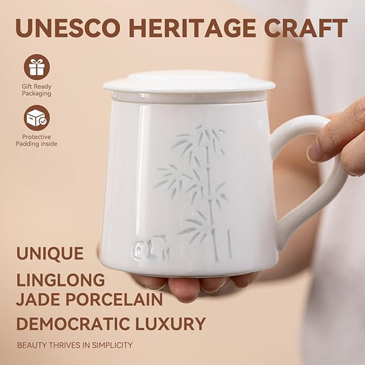 Ceramic Tea Mug with Infuser & Lid - 10.6oz Handcrafted Translucent Cup, Loose Leaf Tea Cup with Infuser, Insulated Ceramic Coffee Mugs with Lid,Perfect Gift Set for Women/Men