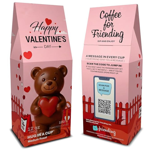 Hug In a Cup – Friending 12 oz Coffee, Medium Roast – Premium Brazilian Single Origin Arabica Beans – Made in USA – Coffee Gift with Private QR Love Message
