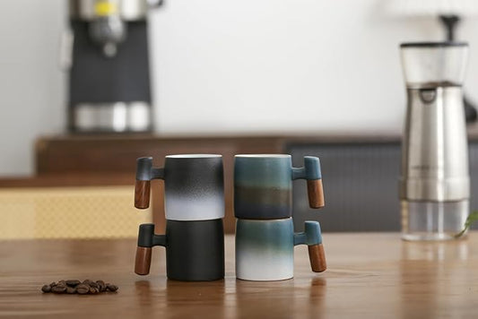 2-Oz Ceramic Espresso Cups with Wood Handle, 2/4-Piece Set for Coffee, Tea, Latte - Dishwasher Safe, Multi-Color & Wood Styles, Gift & Café Use (blue white2&blue black2, Wooden Handle4)