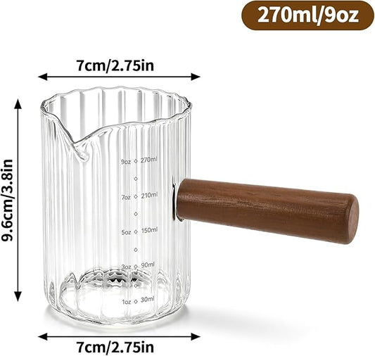 Espresso Measuring Cup 9 Oz, Espresso Glass Cups with Wood Handle, Milk Frothing Cup, Espresso Cup for Coffee, Milk, Tea or Maple Syrup Serving (Transparent, 9 oz)