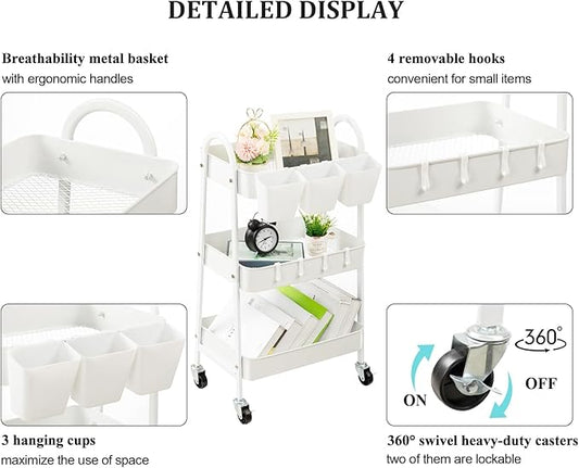 danpinera 3-Tier Rolling Cart, Utility Cart Mobile Metal Rolling Storage Cart with Lockable Wheels & Hanging Cups & Hooks for Kitchen, Bathroom, Office, Workshop, White