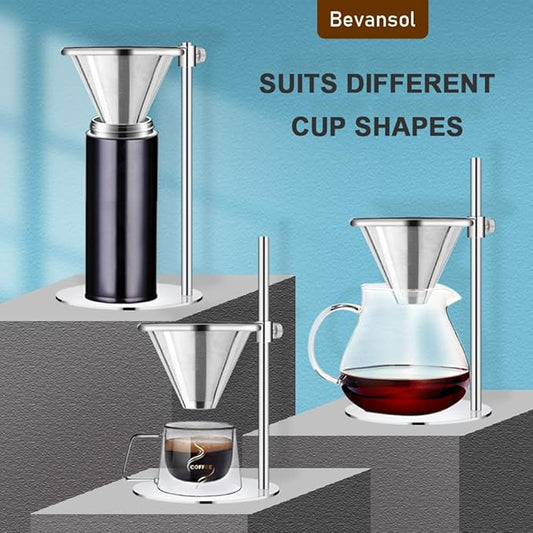 Bevansol Stainless Steel Pour Over Coffee Maker, Adjustable Stand, Double-layer Filter