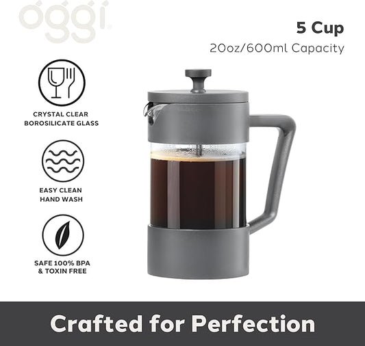 Oggi Borosilicate Glass French Press Coffee Maker (20oz)- 5 Cup Capacity, Coffee Press, Single Serve Coffee Maker, Stainless Steel Lid & Plunger, Make Great Coffee Gifts, Gray