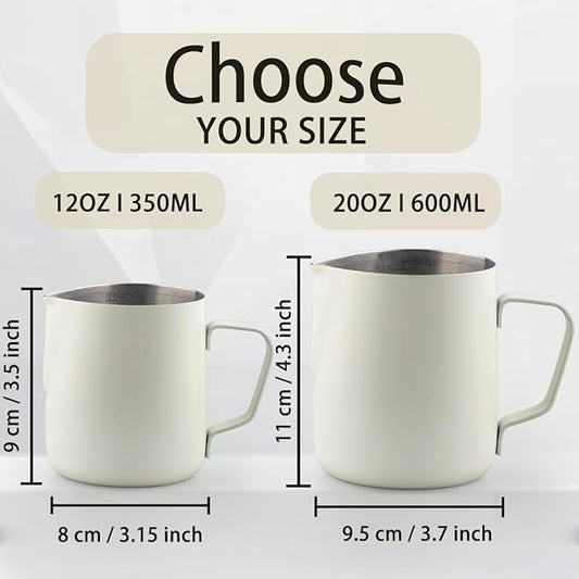 Milk Frother Cup, 12oz/350ml Milk Pitcher, Thickened 304 Stainless Steel Milk Frothing Pitcher for Espresso Coffee, Milk(White)