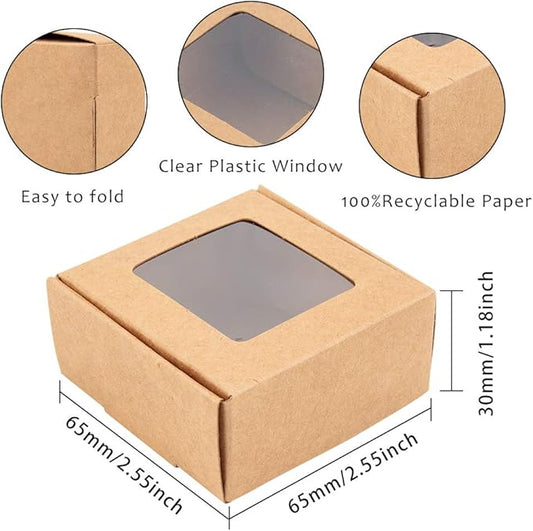 BENECREAT 30 Packs 2.5x2.5x1.2inch Square Brown Kraft Paper Boxes Gift Candy Boxes with Clear Window for Wedding Party Favor Treats, Bakery and Jewelry, Festival Gift Packaging