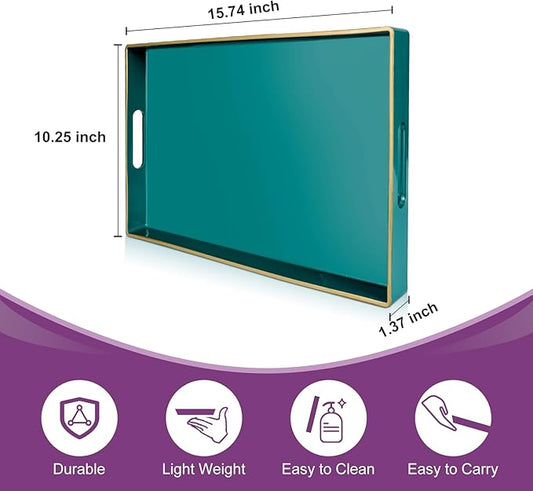 Gifturbo Teal Serving Tray,Rectangular Serving Trays with Handles, Plastic Coffee Table Tray Decorative Tray for Ottoman,Living Room, Bathroom, 15.7” x 10.2” x1.37”