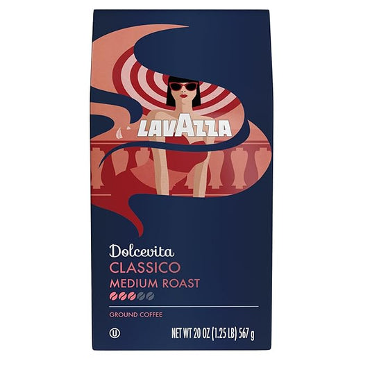 Lavazza Classico Ground Coffee Blend, Medium Roast, Authentic Italian, Blended And Roasted in Italy, Non GMO, Value Pack, A Full bodied with rich flavor and notes of dried fruit, 20 Ounce (Pack of 2)