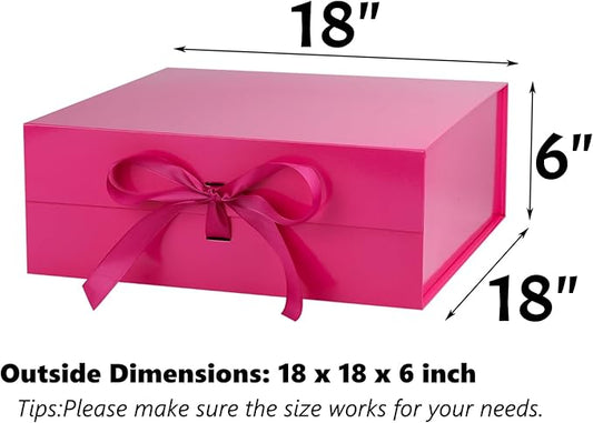 OEMVALATY Bright Pink Gift Box,18x18x6 Inches Gift Boxes with Lids for Presents with Magnetic Closure and Ribbon for Wedding,Storage,Birthday(3-Pack)