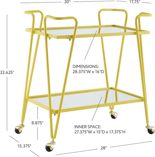Gina Yellow Mid Century Bar Cart with Mirrored Shelves by Linon