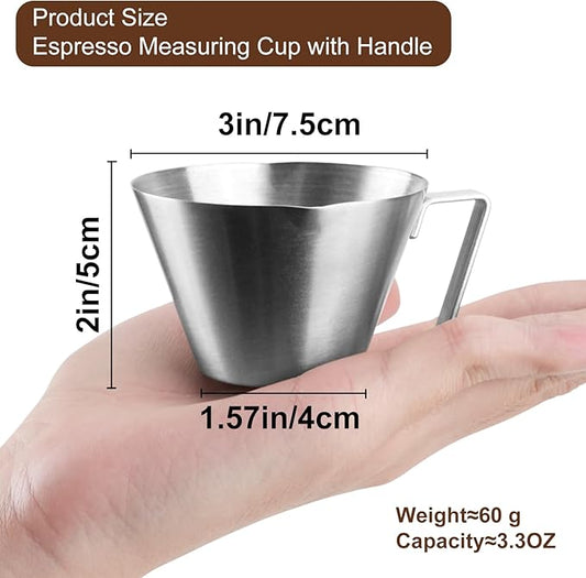 WCHOSOZH 2Pcs Espresso Cups with Handle, 3.4OZ/100ML Espresso Accessories, Stainless Steel Spout Measuring Cup with Scale, Espresso Pouring Cup with V-Shaped Mouth (Double V-Deep Mouth - Silver)