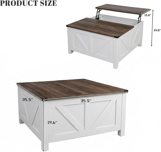 35” Farmhouse Coffee Table with Large Storage, Rustic Wood Lift Top Coffee Table for Living Room, Square Center Table with Charging Station&USB, Modern Port Pottery Barn Lift top Table