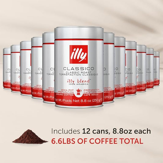 illy Ground Moka Coffee, Intenso Dark Roast, 100% Arabica, Premium Italian Coffee, Pre-Ground for Moka Pot or Stovetop Brewing, 8.8oz, 12 Pack