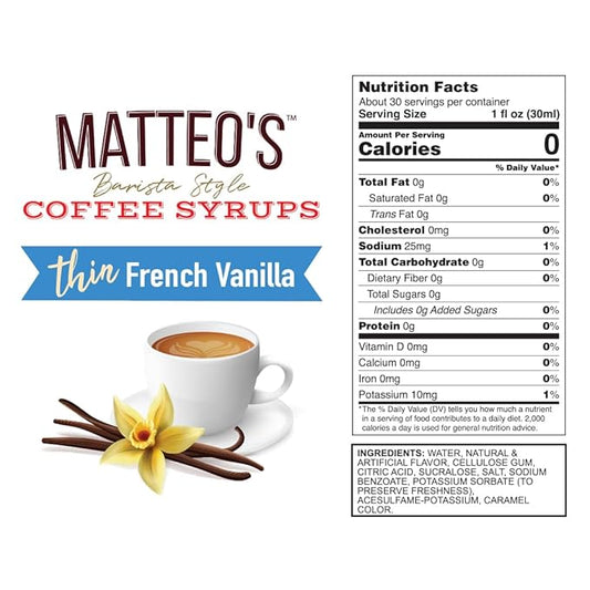Matteo's French Vanilla Syrup for Coffee, Lattes, Cappuccinos & Desserts – Sugar-Free Sweetener for Beverages, Keto Friendly, Zero Calories, Indulgent Flavor, Non-Alcoholic, 33.8oz (1pk)
