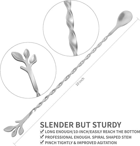 AnSaw Silver 10-Inch Stainless Steel Cocktail Spoon with Leaf Handle - Perfect for Mixing & Layering Drinks in Tall Cups, Bar & Shakers - Durable Long Handle Bar Stirrer,1-Pieces