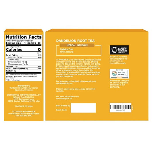HANDPICK - Dandelion Root Tea bags, 100 Teabags - Natural Dandelion Herbal Tea - Non-GMO - Caffeine-free