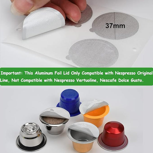 Aluminum Espresso Lids Foil Seals Stickers for Reusable Espresso Capsules Refillable Coffee Pods Stainless Steel Cups Filters Compatible with Nespresso Original Line Machines (100 Pcs Lids (37mm))