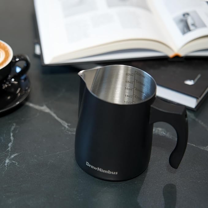 Milk Frothing Pitcher, 20oz/600ml Espresso Steaming Pitcher, Milk Frother Cup with Latte Art Pen, Stainless Steel Cappuccino Coffee Machine Accessories Barista Tools, Black