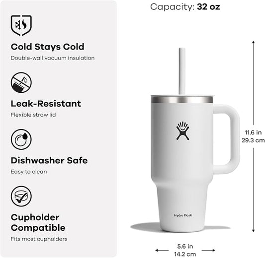 Hydro Flask Travel Tumbler with Handle, Lid and Straw - Insulated Stainless Steel in 32 Oz Agave