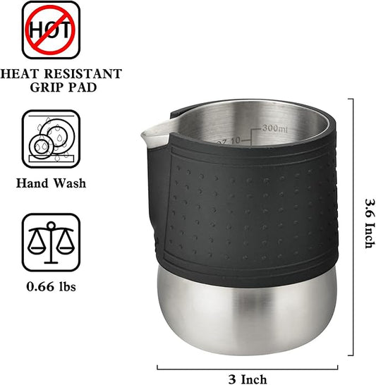 HOMEE Milk Frothing Pitcher, 12oz Stainless Steel Milk Steamer Jug With Rounded Spout, Espresso Milk Pitcher With Heat Resistant Silicone Grip Pads, Expresso Machine, Latte Art, Silver